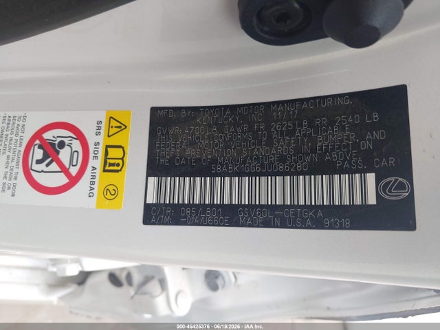 Продажа на аукционе авто 2018 Lexus Es 350, vin: 58ABK1GG6JU086280, номер лота: 45425376