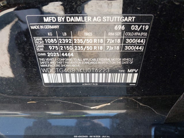 Продажа на аукционе авто 2019 Mercedes-benz Gla 250 4matic, vin: WDCTG4GB3KU016223, номер лота: 45425409