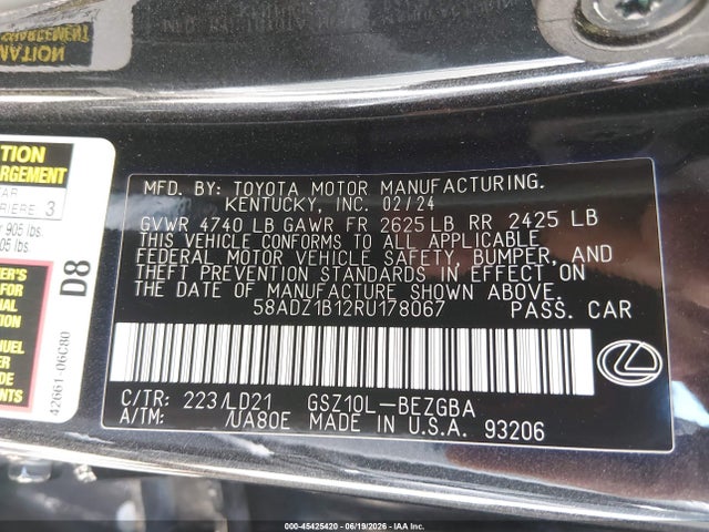 Продажа на аукционе авто 2024 Lexus Es 350, vin: 58ADZ1B12RU178067, номер лота: 45425420