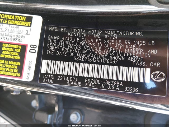 Продажа на аукционе авто 2024 Lexus Es 350, vin: 58ADZ1B12RU178067, номер лота: 45425420