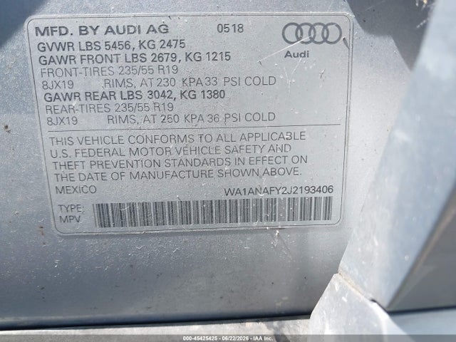 45425425 :رقم المزاد ، WA1ANAFY2J2193406 vin ، 2018 Audi Q5 2.0t Premium/2.0t Tech Premium مزاد بيع