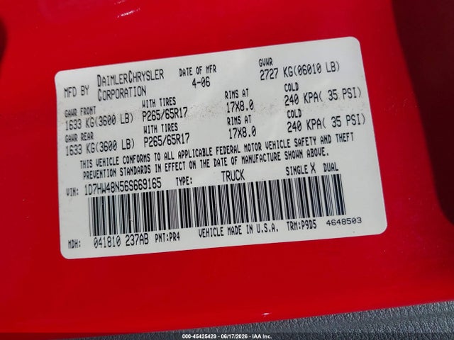 Aukcja sprzedaży 2006 Dodge Dakota Slt, vin: 1D7HW48N56S669165, numer aukcji: 45425429