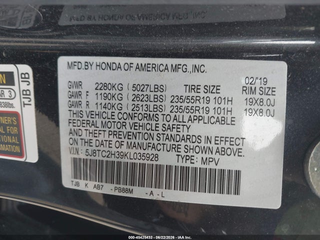45425432 :رقم المزاد ، 5J8TC2H39KL035928 vin ، 2019 Acura Rdx Standard مزاد بيع