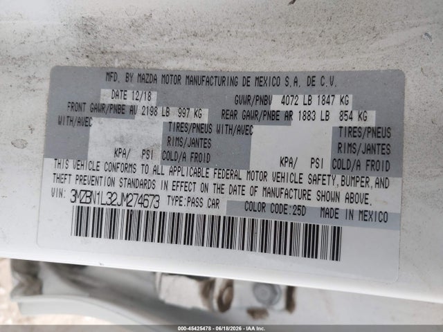 2018 Mazda Mazda3 Touring მანქანა იყიდება აუქციონზე, vin: 3MZBN1L32JM274673, აუქციონის ნომერი: 45425478