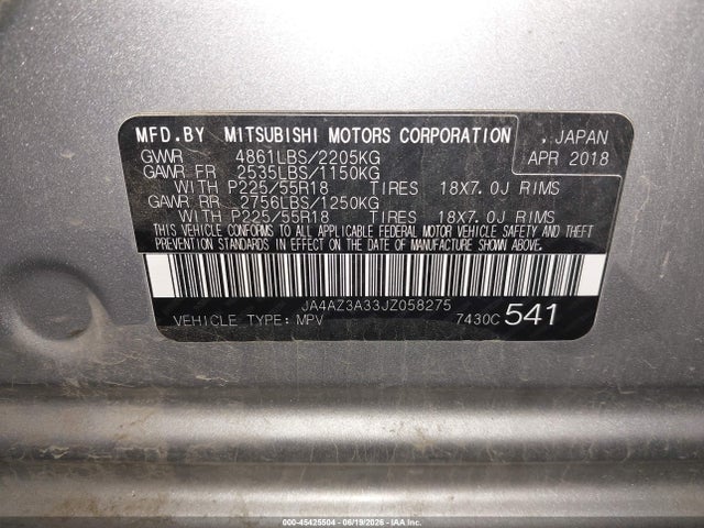 Продажа на аукционе авто 2018 Mitsubishi Outlander Es, vin: JA4AZ3A33JZ058275, номер лота: 45425504