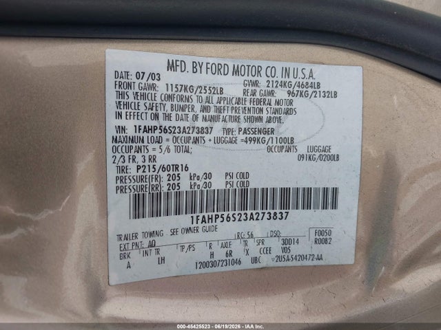 2003 Ford Taurus Sel მანქანა იყიდება აუქციონზე, vin: 1FAHP56S23A273837, აუქციონის ნომერი: 45425523