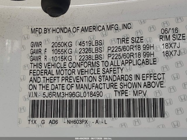 5J6RM3H96GL018490 Honda Cr-v Touring