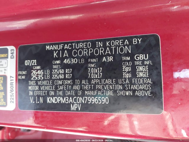 Aukcja sprzedaży 2022 Kia Sportage Lx, vin: KNDPM3AC0N7996590, numer aukcji: 45425530
