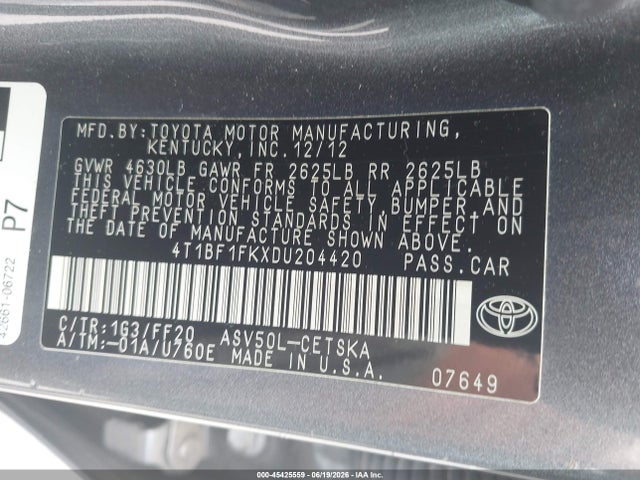 Auction sale of the 2013 Toyota Camry Se, vin: 4T1BF1FKXDU204420, lot number: 45425559