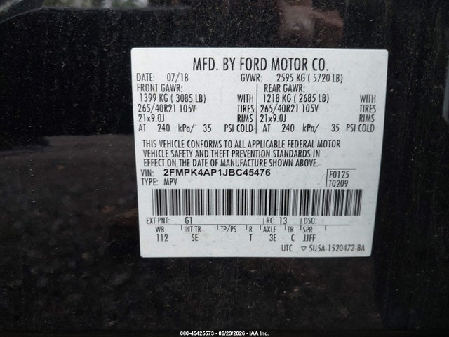 Продажа на аукционе авто 2018 Ford Edge Sport, vin: 2FMPK4AP1JBC45476, номер лота: 45425573