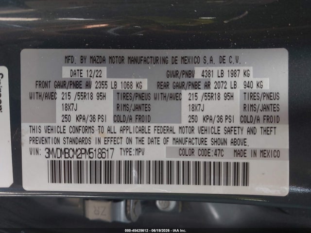 45425612 :رقم المزاد ، 3MVDMBCM2PM518617 vin ، 2023 Mazda Cx-30 2.5 S Carbon Edition مزاد بيع