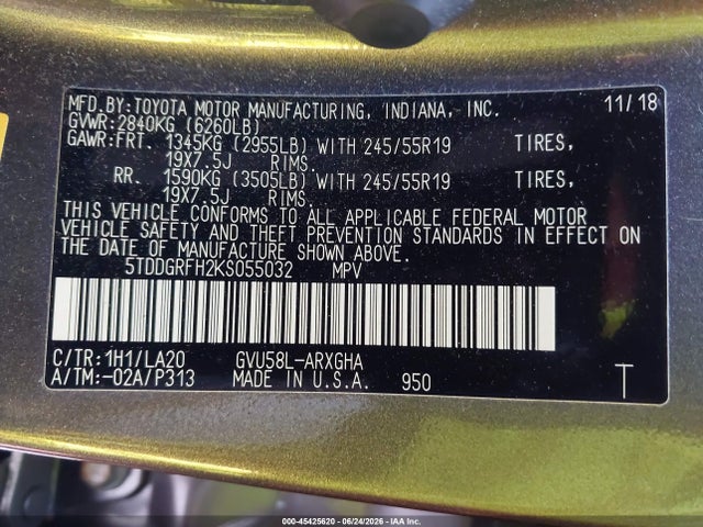 5TDDGRFH2KS055032 Toyota Highlander Hybrid Limited Platinum