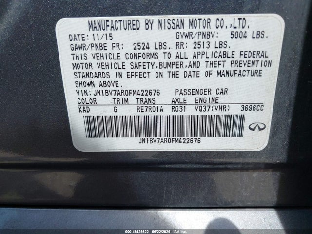 Продажа на аукционе авто 2015 Infiniti Q50 Premium, vin: JN1BV7AR0FM422676, номер лота: 45425622