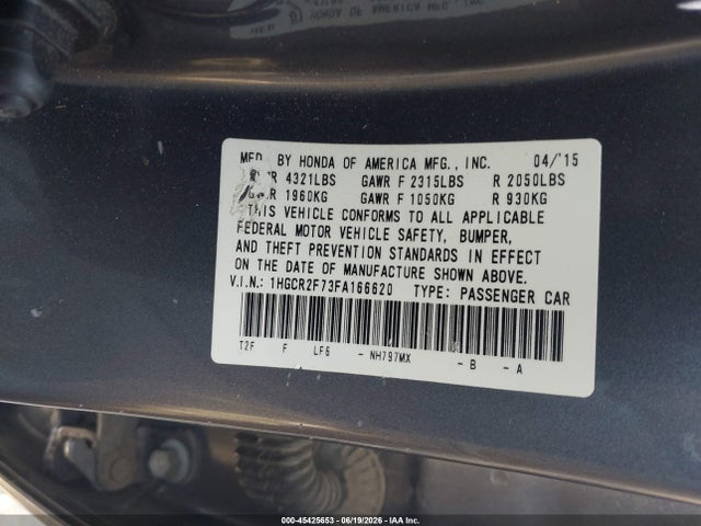 Honda ACCORD EX 2015 1HGCR2F73FA166620 Image 9