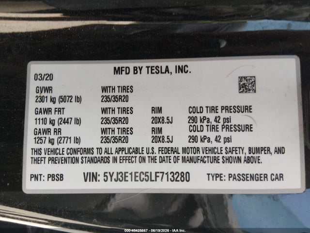 5YJ3E1EC5LF713280 Tesla Model 3 Performance Dual Motor All-wheel Drive