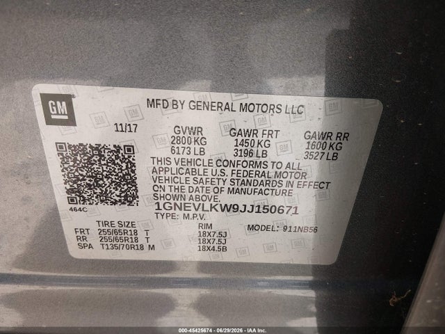 45425674 :رقم المزاد ، 1GNEVLKW9JJ150671 vin ، 2018 Chevrolet Traverse Ls مزاد بيع