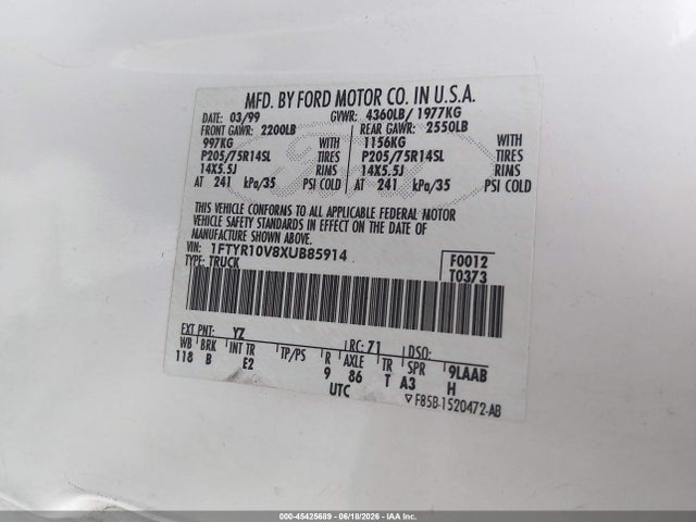 Aukcja sprzedaży 1999 Ford Ranger Xl/xlt, vin: 1FTYR10V8XUB85914, numer aukcji: 45425689