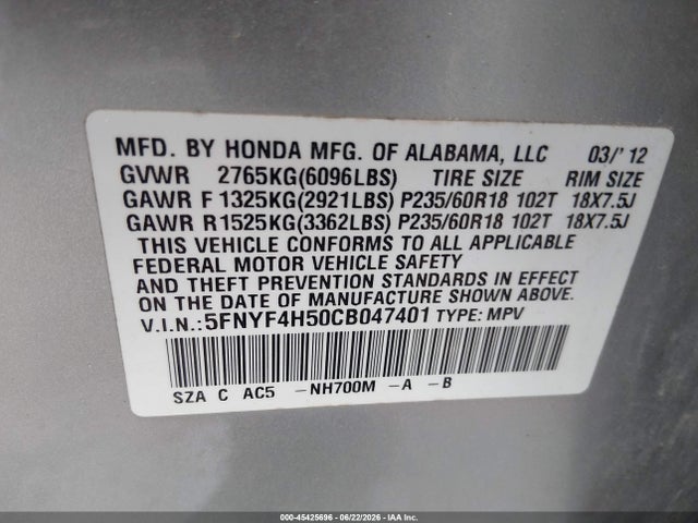 Aukcja sprzedaży 2012 Honda Pilot Ex-l, vin: 5FNYF4H50CB047401, numer aukcji: 45425696