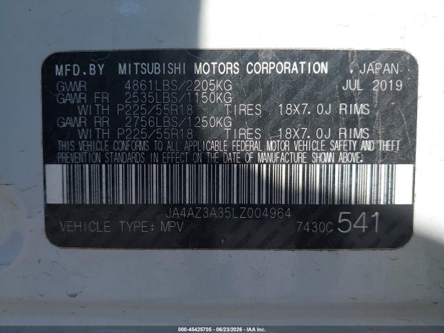 45425705 :رقم المزاد ، JA4AZ3A35LZ004964 vin ، 2020 Mitsubishi Outlander Se 2.4 S-awc مزاد بيع