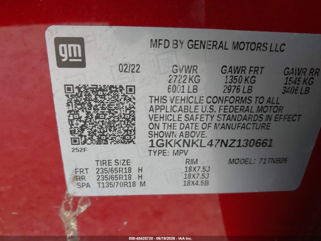 Aukcja sprzedaży 2022 Gmc Acadia Fwd Sle, vin: 1GKKNKL47NZ130661, numer aukcji: 45425720
