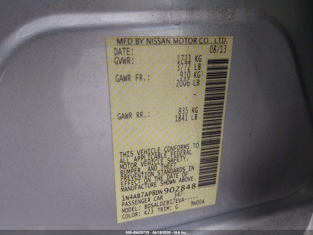 45425729 :رقم المزاد ، 1N4AB7AP8DN902848 vin ، 2013 Nissan Sentra Sv مزاد بيع
