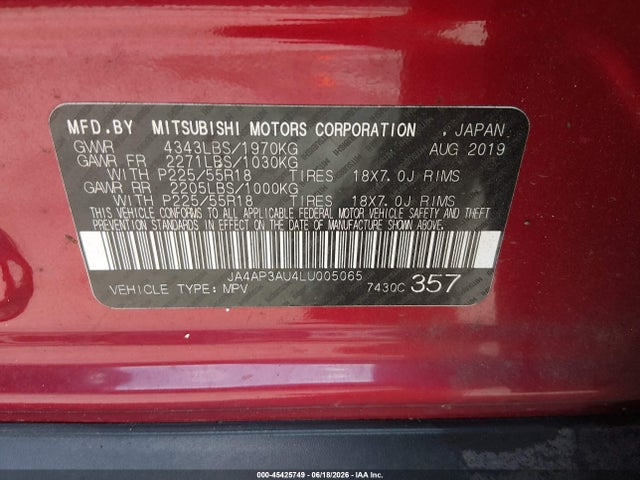 Aukcja sprzedaży 2020 Mitsubishi Outlander Sport 2.0 Sp, vin: JA4AP3AU4LU005065, numer aukcji: 45425749