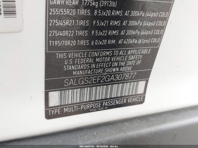 2016 Land Rover Range Rover 5.0l V8 Supercharged მანქანა იყიდება აუქციონზე, vin: SALGS2EF2GA307877, აუქციონის ნომერი: 45425762