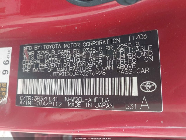 45425773 :رقم المزاد ، JTDKB20U473216928 vin ، 2007 Toyota Prius Touring مزاد بيع