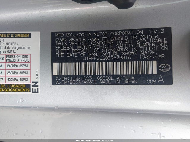 45425816 :رقم المزاد ، JTHFF2C20E2529816 vin ، 2014 Lexus Is 250c مزاد بيع