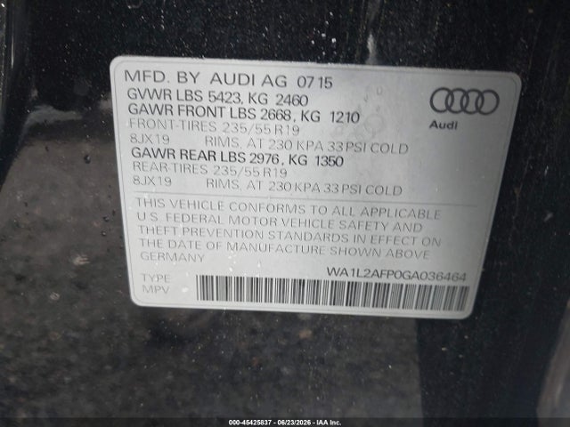 45425837 :رقم المزاد ، WA1L2AFP0GA036464 vin ، 2016 Audi Q5 2.0t Premium مزاد بيع