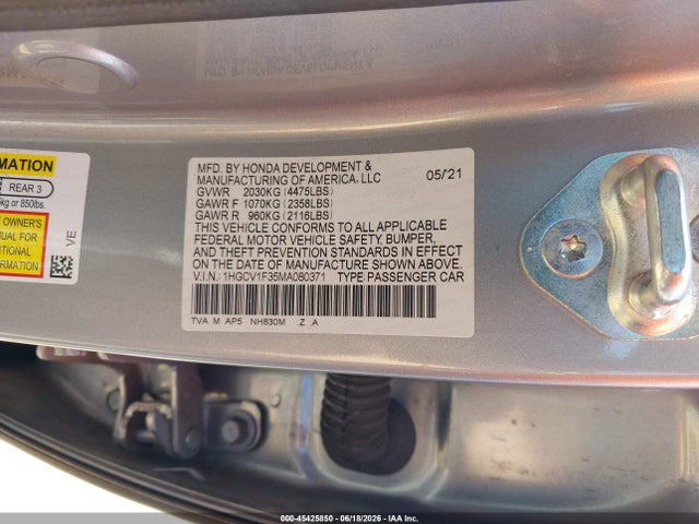 Aukcja sprzedaży 2021 Honda Accord Sport, vin: 1HGCV1F35MA080371, numer aukcji: 45425850