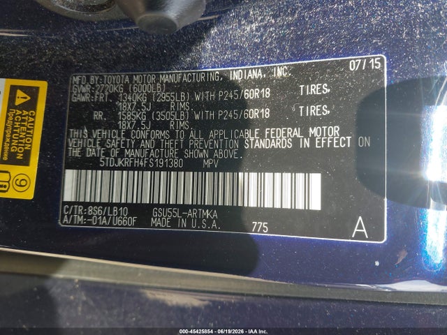 Продаж на аукціоні авто 2015 Toyota Highlander Xle V6, vin: 5TDJKRFH4FS191380, номер лоту: 45425854