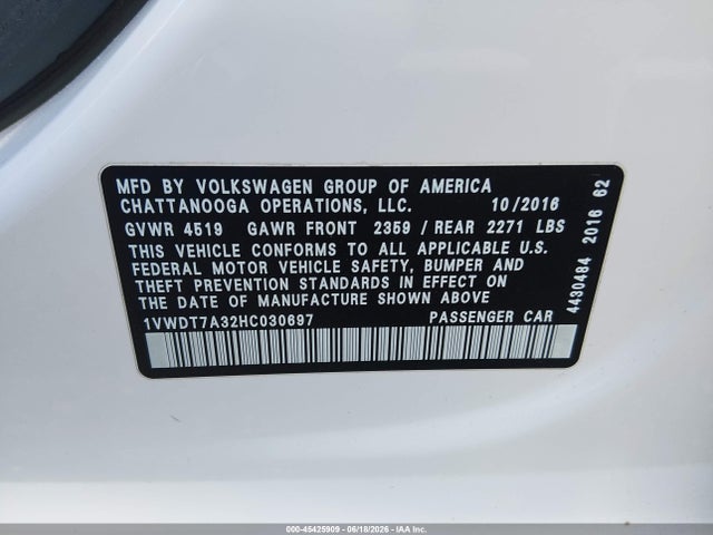 Продаж на аукціоні авто 2017 Volkswagen Passat 1.8t R-line, vin: 1VWDT7A32HC030697, номер лоту: 45425909