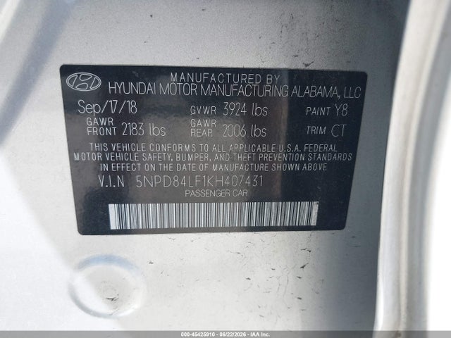 Auction sale of the 2019 Hyundai Elantra Sel, vin: 5NPD84LF1KH407431, lot number: 45425910