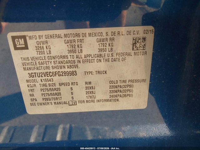 Aukcja sprzedaży 2015 Gmc Sierra 1500 Slt, vin: 3GTU2VEC6FG289983, numer aukcji: 45425913