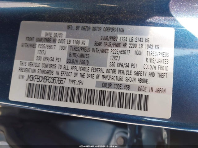 45425918 :رقم المزاد ، JM3KFBCM6R0367667 vin ، 2024 Mazda Cx-5 2.5 S Preferred مزاد بيع