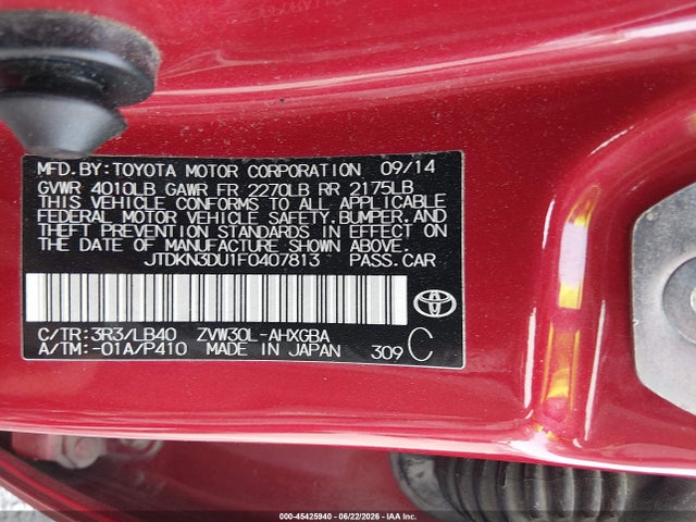 Aukcja sprzedaży 2015 Toyota Prius, vin: JTDKN3DU1F0407813, numer aukcji: 45425940