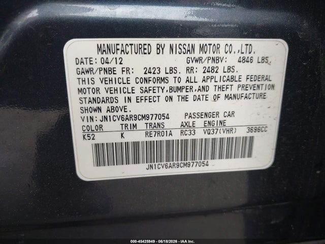 Aukcja sprzedaży 2012 Infiniti G37x, vin: JN1CV6AR9CM977054, numer aukcji: 45425949