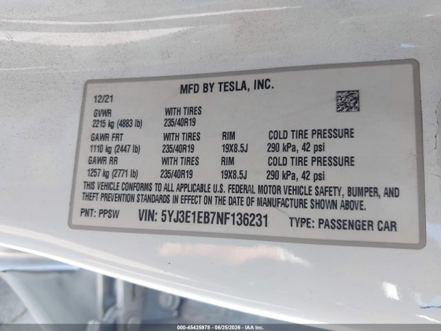 Aukcja sprzedaży 2022 Tesla Model 3 Long Range Dual Motor All-wheel Drive, vin: 5YJ3E1EB7NF136231, numer aukcji: 45425978