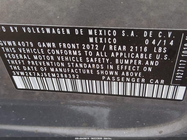 2014 Volkswagen Jetta 2.0l S მანქანა იყიდება აუქციონზე, vin: 3VW2K7AJ5EM288392, აუქციონის ნომერი: 45426019