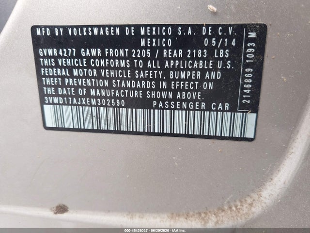 Aukcja sprzedaży 2014 Volkswagen Jetta 1.8t Se, vin: 3VWD17AJXEM302590, numer aukcji: 45426037