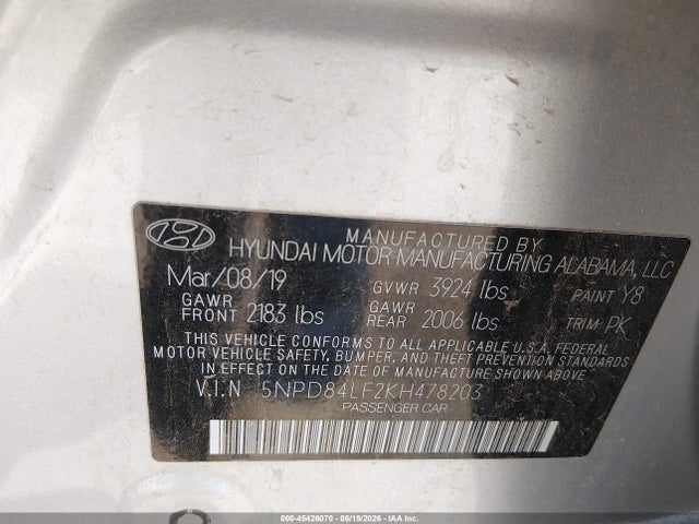 45426070 :رقم المزاد ، 5NPD84LF2KH478203 vin ، 2019 Hyundai Elantra Sel مزاد بيع