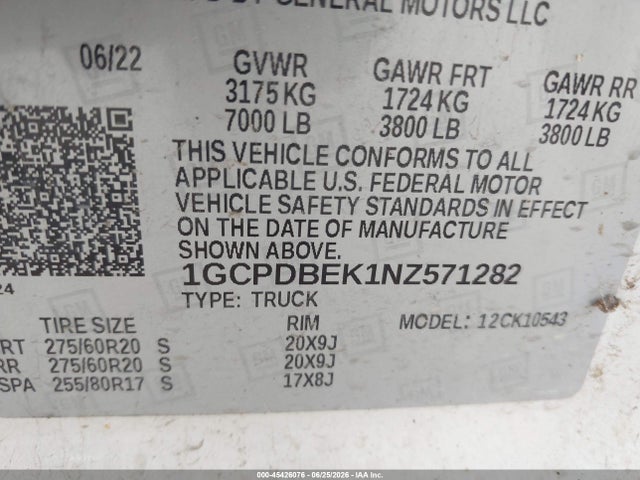 1GCPDBEK1NZ571282 Chevrolet Silverado 1500 4wd Short Bed Custom