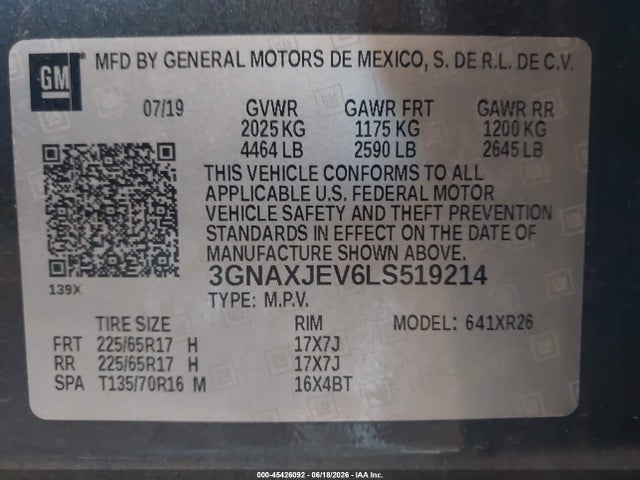 3GNAXJEV6LS519214 Chevrolet Equinox Fwd 2fl