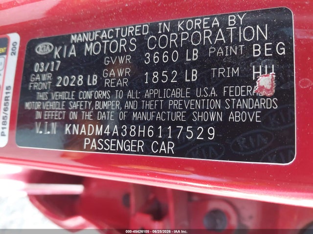 KNADM4A38H6117529 KIA RIO LX