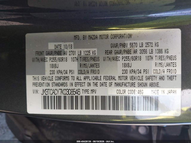 Aukcja sprzedaży 2019 Mazda Cx-9 Touring, vin: JM3TCACY7K0308546, numer aukcji: 45426136
