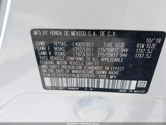 3CZRU5H74LM700545 Honda Hr-v 2wd Ex-l