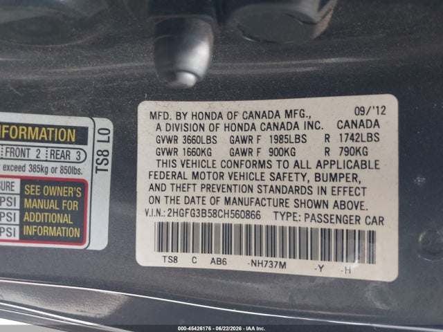 45426176 :رقم المزاد ، 2HGFG3B58CH560866 vin ، 2012 Honda Civic Lx مزاد بيع