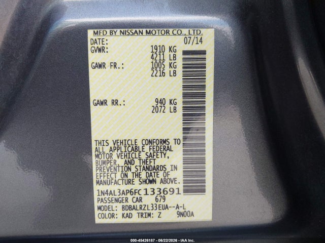Nissan Altima 2.5 Sl 2015 1N4AL3AP6FC133691 Image 9