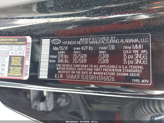 Aukcja sprzedaży 2024 Hyundai Tucson Sel, vin: 5NMJF3DE0RH396826, numer aukcji: 45426234
